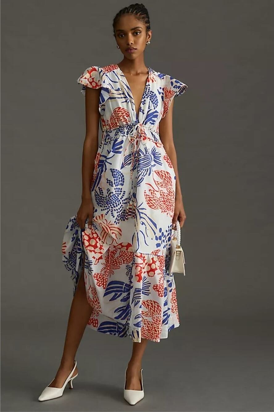 Anthropologie Farm Rio Printed Ruffle Sleeve V Neck Blue Red Cotton Midi Dress M